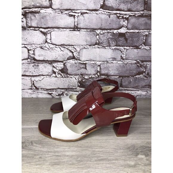 TOD'S Burgundy Patent Leather White Open Toe Heel Strap Sandals Women 35.5EU/5US - Picture 1 of 16